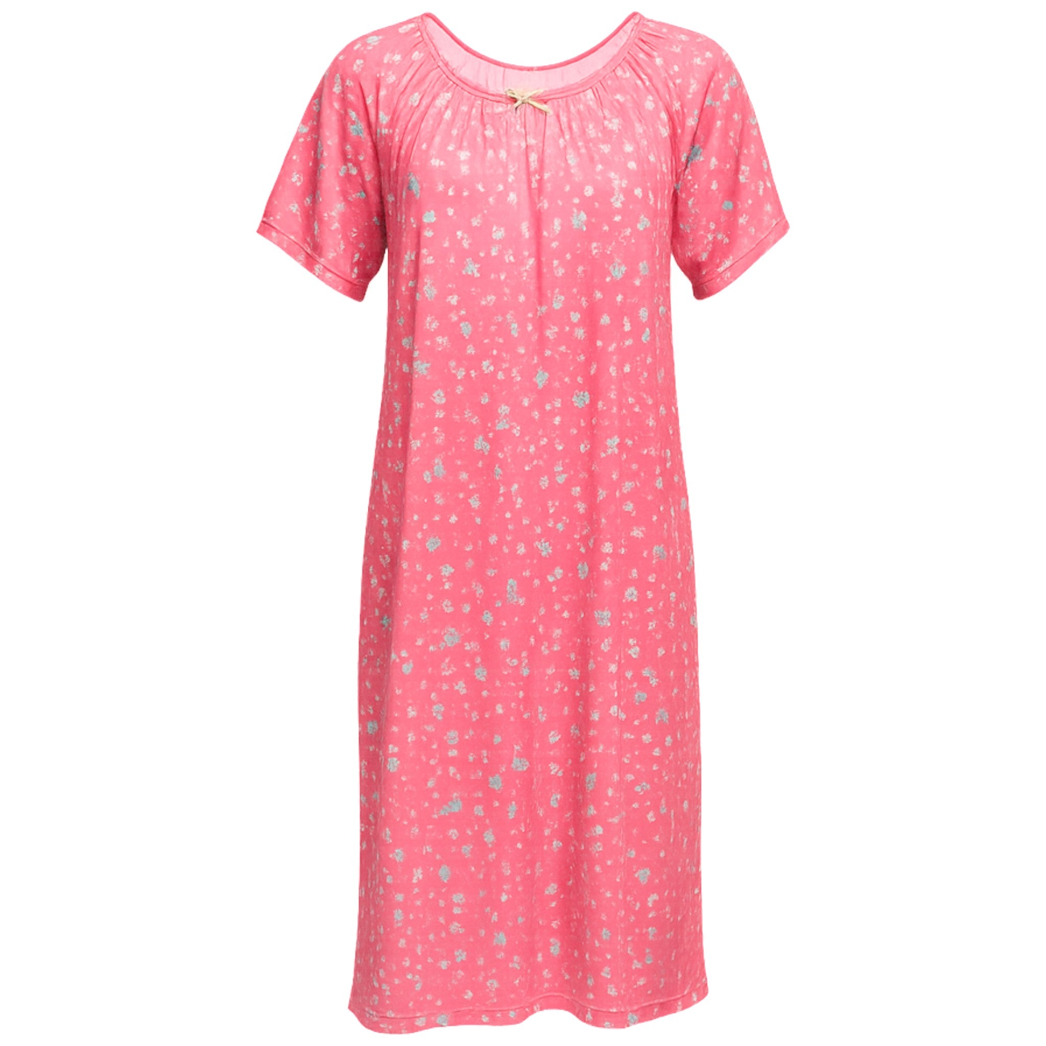 Ladies soft touch short sleeve nightdress in fuchsia pink with pink floral print and bow detail, lightweight fabric sleepwear for women